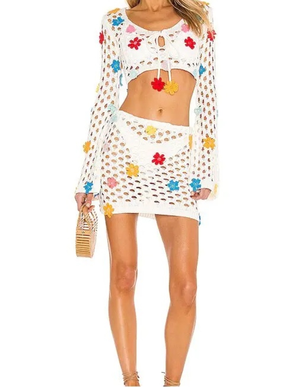 Lovers + Friends White Crochet Two-Piece Floral Appliqué Cover-Up